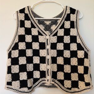 Black and Cream Crochet Checkered Vest Tank Top